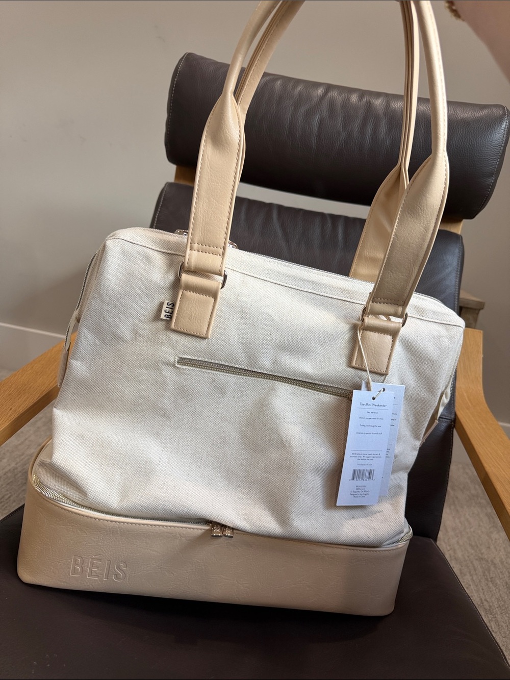 BEIS Cream Canvas Mini Weekender